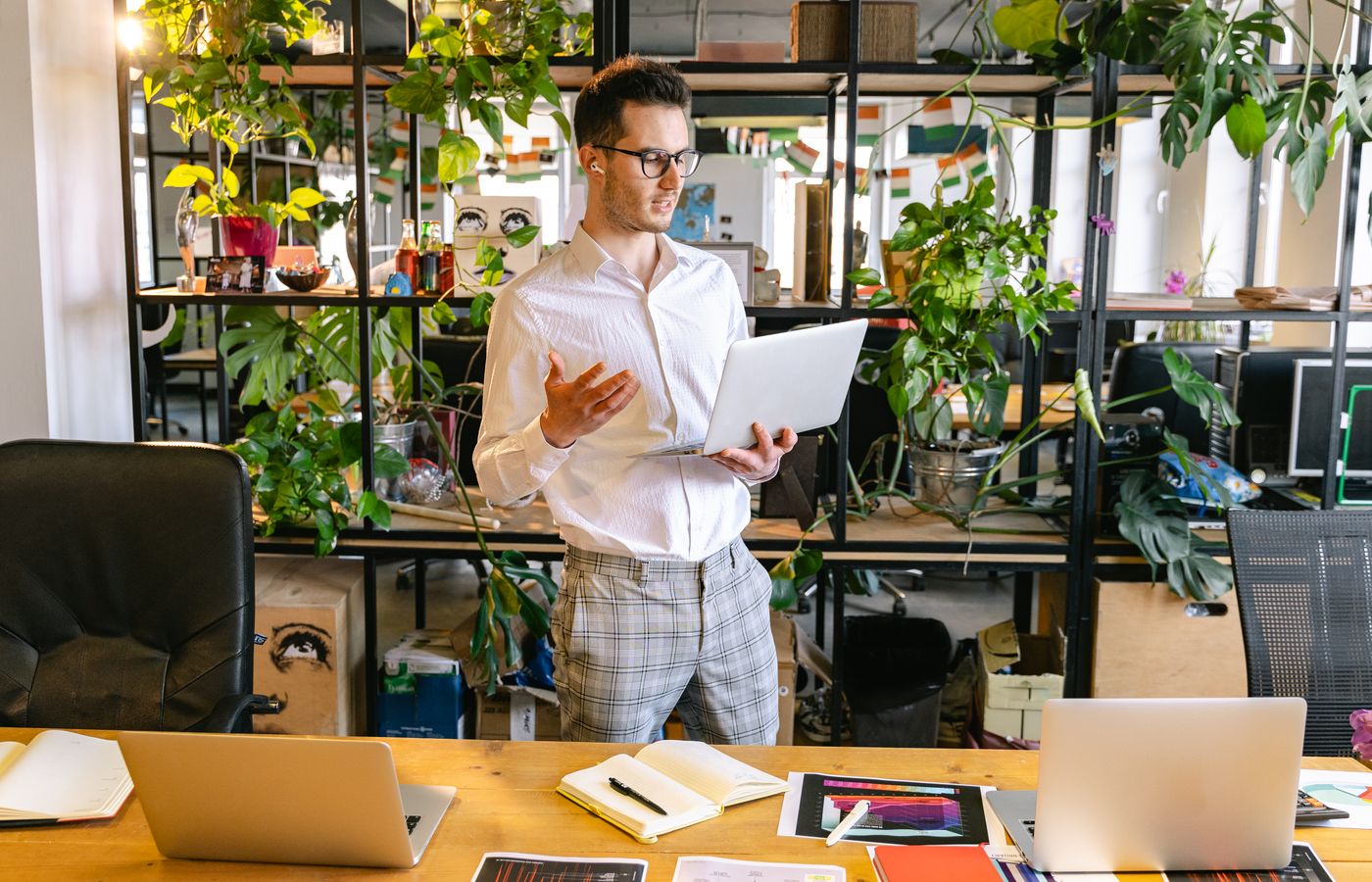 Business professional receiving remote support in a warm office